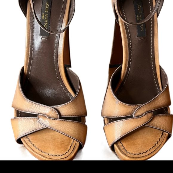 Louis Vuitton Distressed Tan Leather Ankle Strap Platforms Size 36 (US 5.5) - Picture 8 of 14
